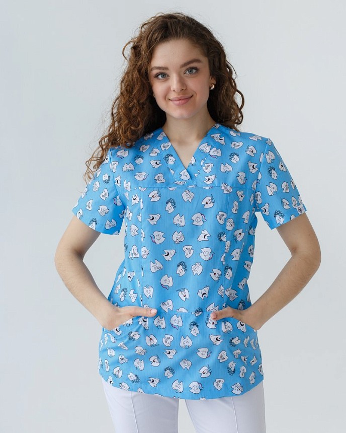 Медицинский костюм с принтом женский Топаз Dentist blue 9