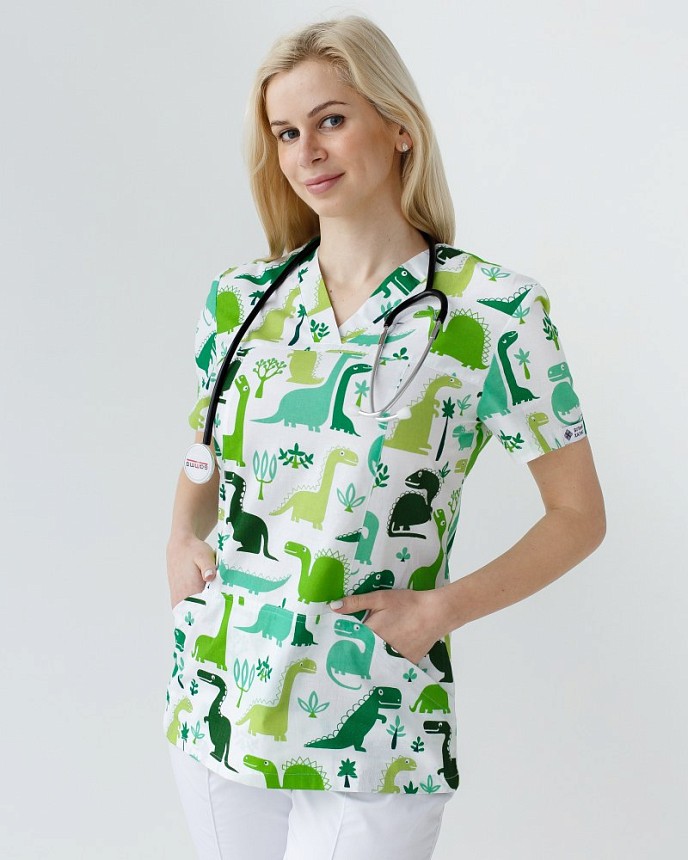 Медичний костюм з принтом жіночий Топаз динозаври зелений 3