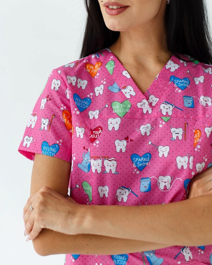 Медицинская рубашка женская Топаз принт Teeth pink 5