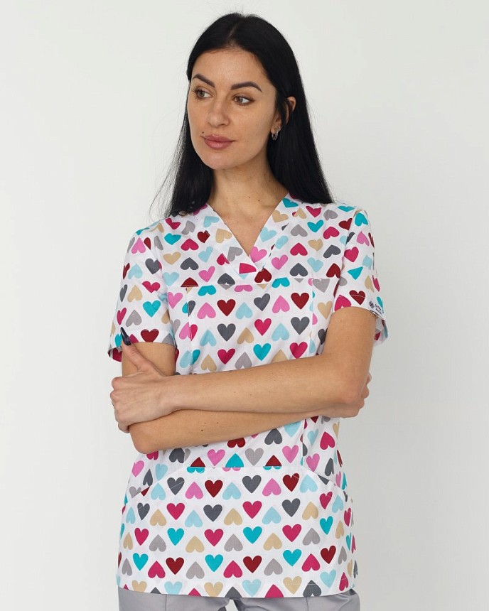 Медицинская женская рубашка Топаз принт Сердца серый 7