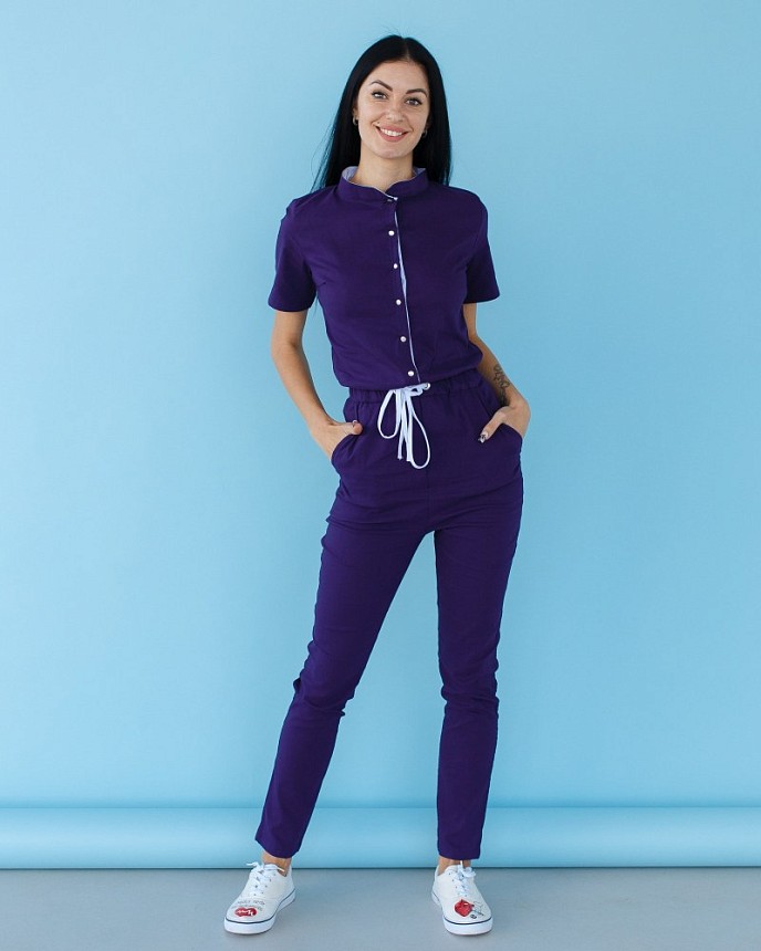 Медицинский комбинезон женский Даллас фиолетовый с белой строчкой 7