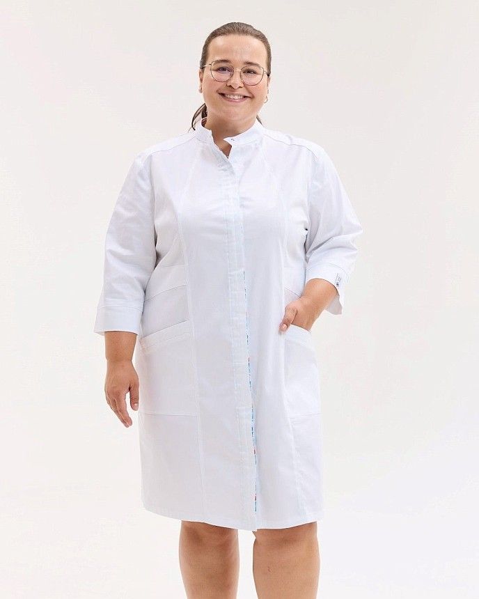 Медичний халат жіночий Валенсія білий з принтованою вставкою Medical +SIZE