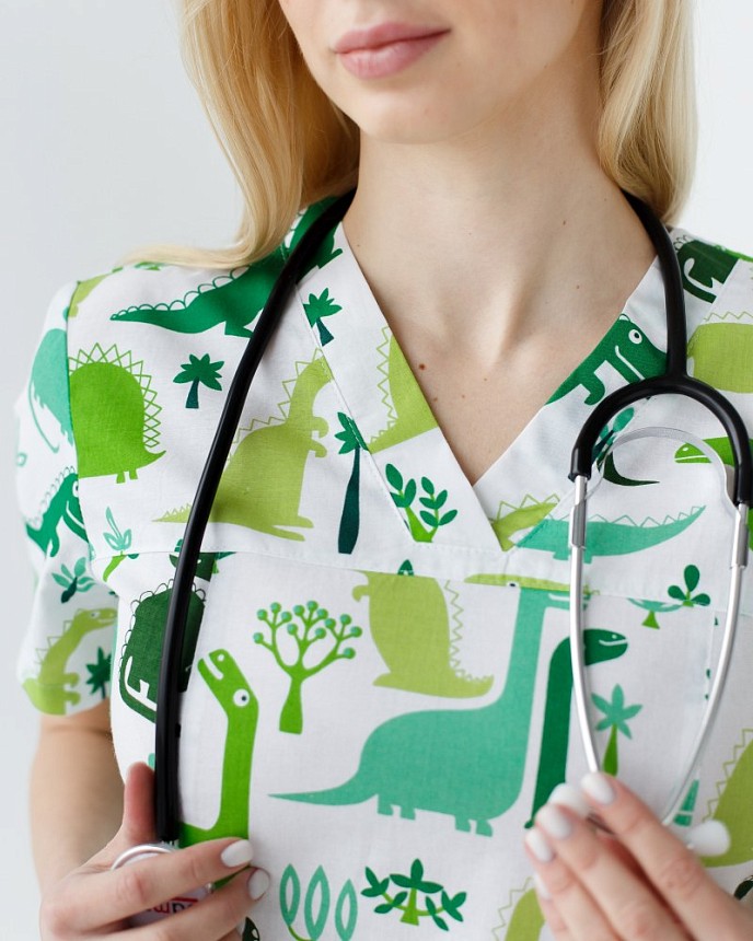 Медицинский костюм с принтом женский Топаз динозавры зеленый 4