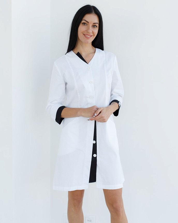 Медичний халат жіночий Олівія на ґудзиках білий-чорний 5