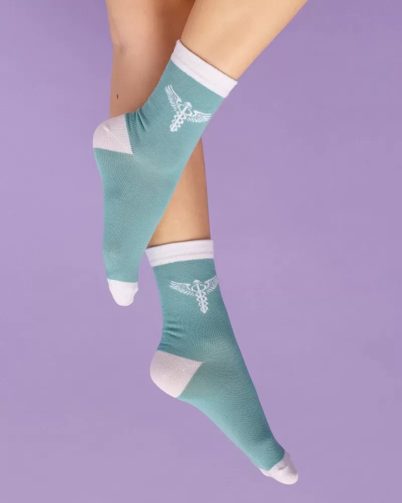 Медичні шкарпетки жіночі з принтом Caduceus (м'ятні)