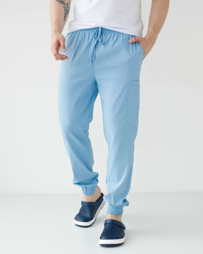 Медицинские брюки мужские джоггеры стрейч голубые