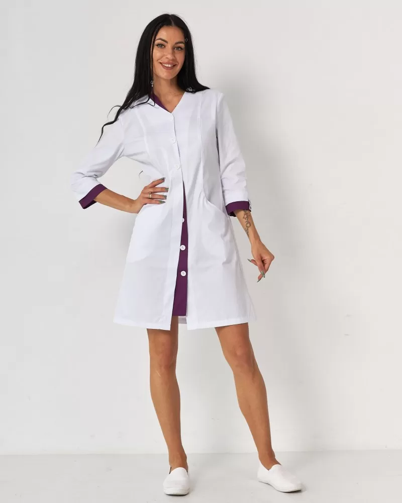 Медичний халат жіночий Олівія на гудзиках білий-фіолетовий